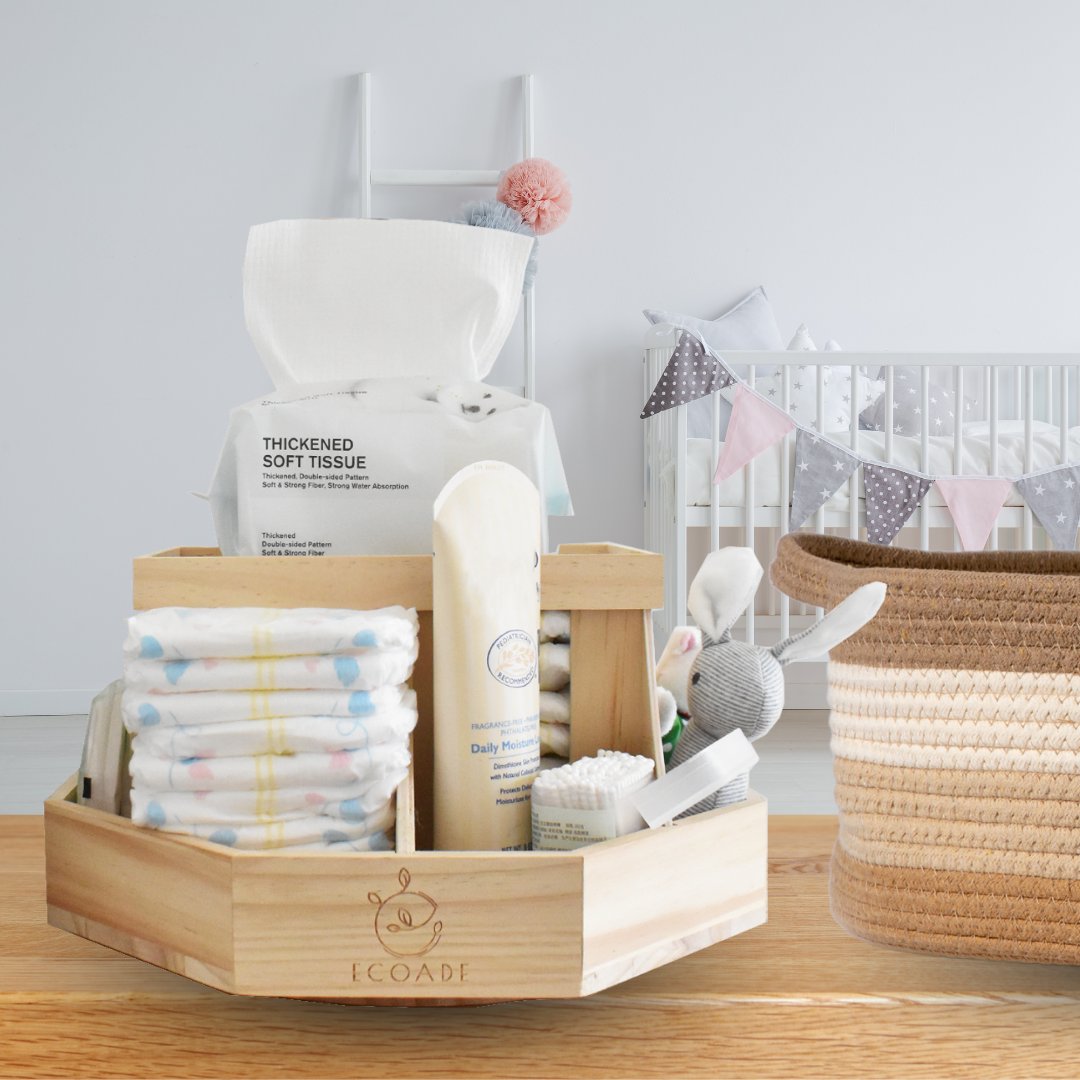 Wooden Diaper Caddy Organizer - 360 Degrees Rotating Caddy with Removable  Dividers, Nursery Diaper Organizer