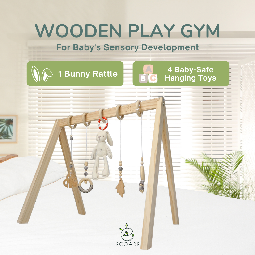 ECOADE Wooden Play Gym - Activity Gym for Baby with 4 Hanging Wooden Baby Toys and 1 Bunny Rattle, Gender Neutral Boho Nursery Decor, Minimalist Baby Nursery