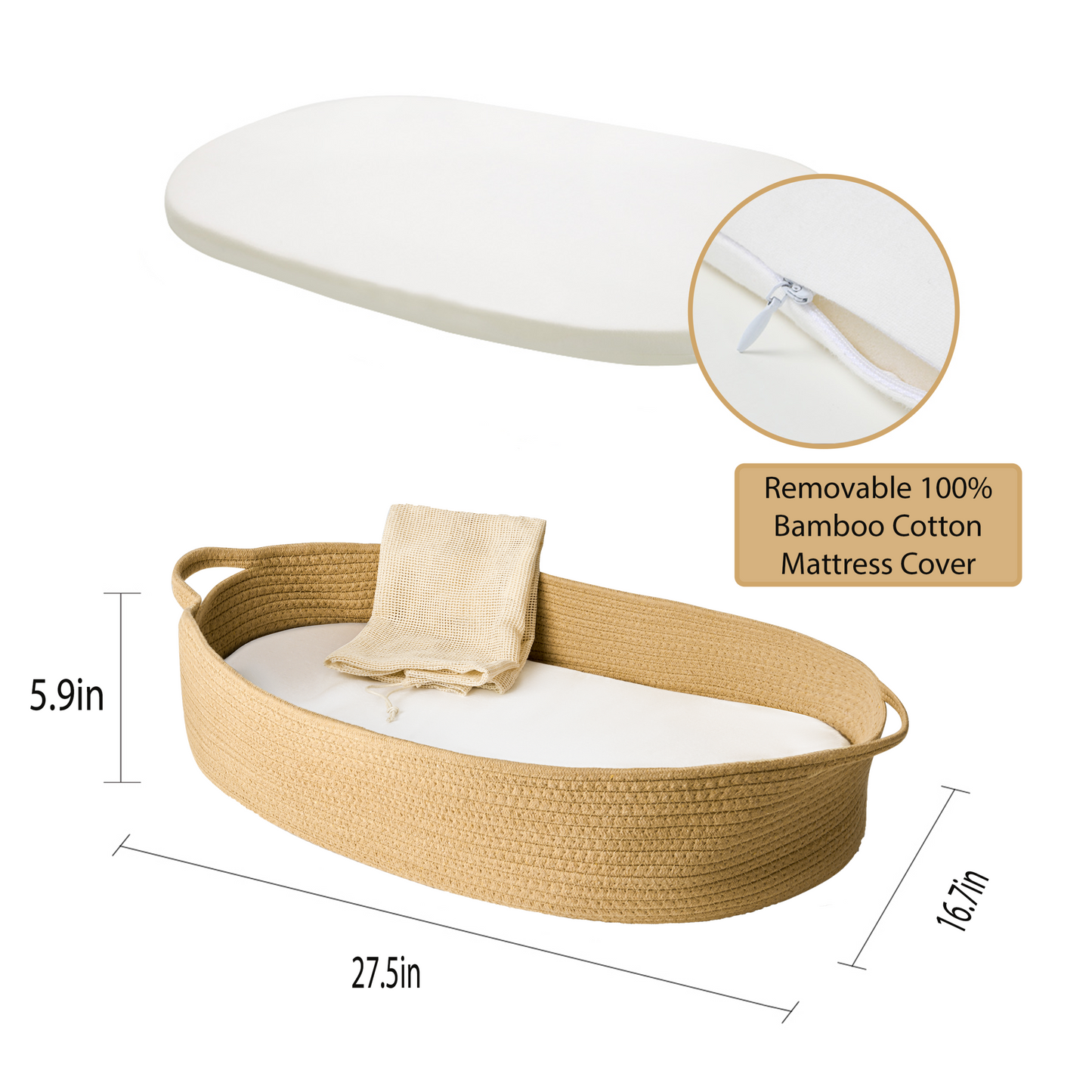 Baby Changing Moses Basket in Camel Color - Measurements