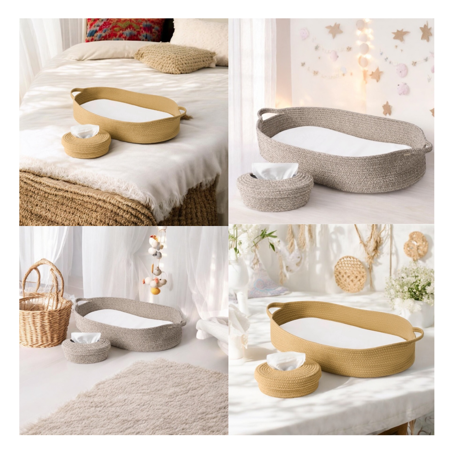 ECOADE Bundle: Baby Changing Basket with Cotton Rope Baby Wipes Dispenser - Baby Moses Basket Changing Table Topper with Baby Wipes Container with Refillable and Portable Wipes Case