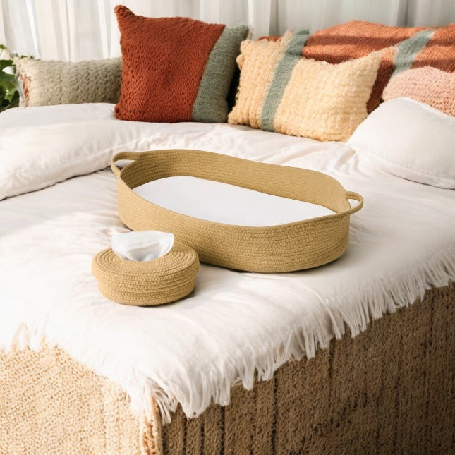 Baby Changing Basket in Camel Color - Changing Table Topper and Thick Foam Pad with Removable Cotton Mattress Cover, 100% Cotton