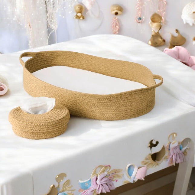Baby Changing Basket in Camel Color - Changing Table Topper and Thick Foam Pad with Removable Cotton Mattress Cover, 100% Cotton