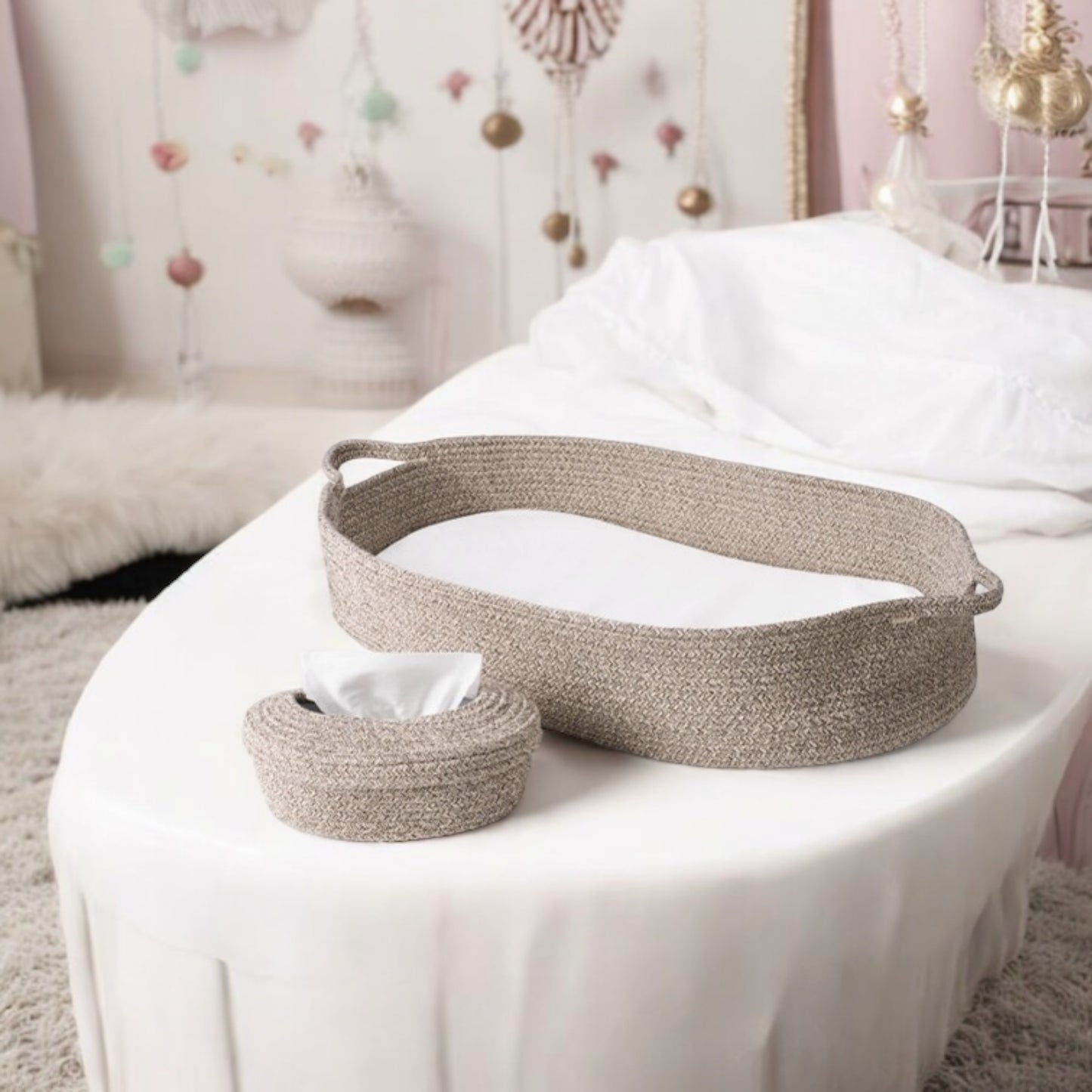 ECOADE Bundle: Baby Changing Basket with Cotton Rope Baby Wipes Dispenser - Baby Moses Basket Changing Table Topper with Baby Wipes Container with Refillable and Portable Wipes Case