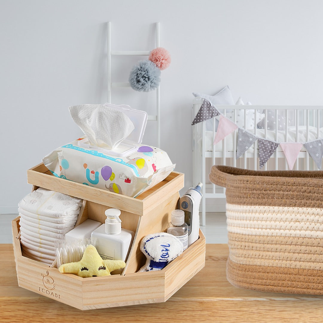 Wooden Diaper Caddy Organizer - 360 Degrees Rotating Caddy with Removable Dividers