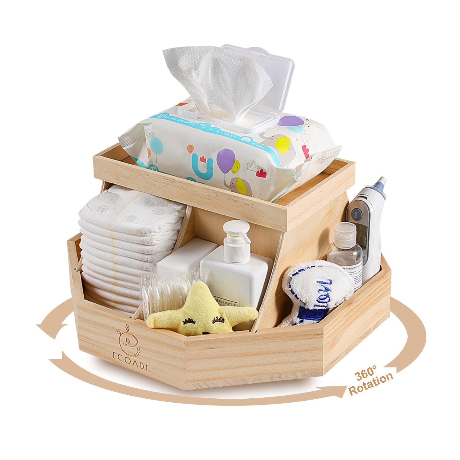 Wooden Diaper Caddy Organizer - 360 Degrees Rotating Nursery
