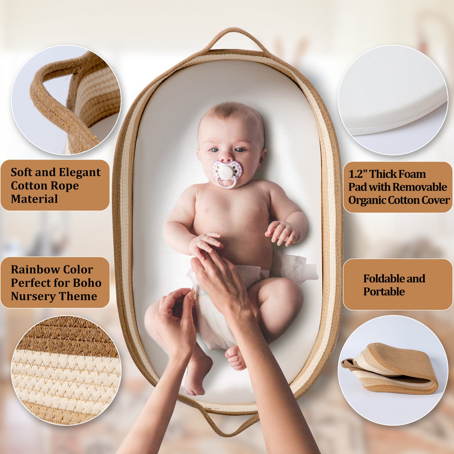 Baby Changing Basket in Boho Rainbow Color - Changing Table Topper and Thick Foam Pad with Removable Cotton Mattress Cover, 100% Cotton