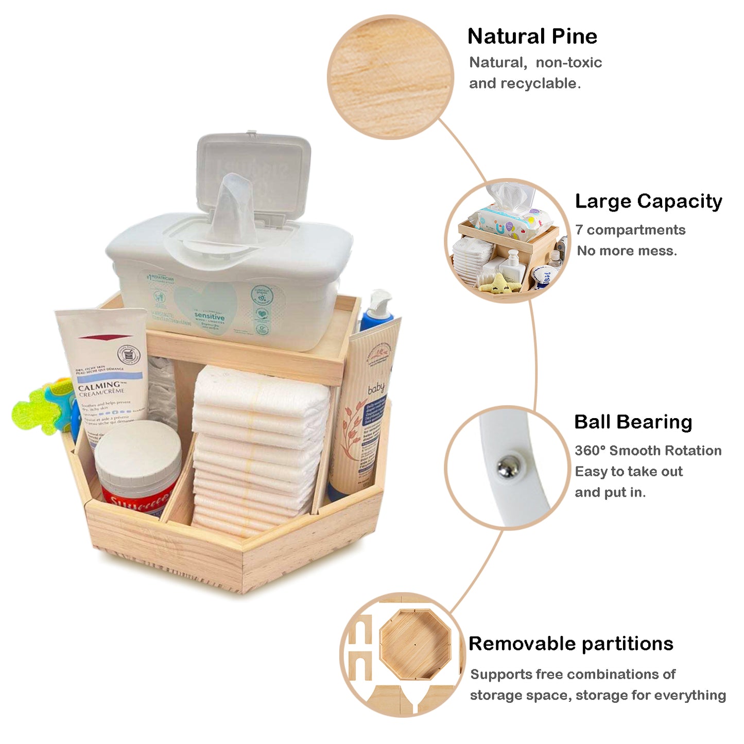 Wooden Diaper Caddy Organizer - 360 Degrees Rotating Caddy with Removable Dividers, Nursery Diaper Organizer
