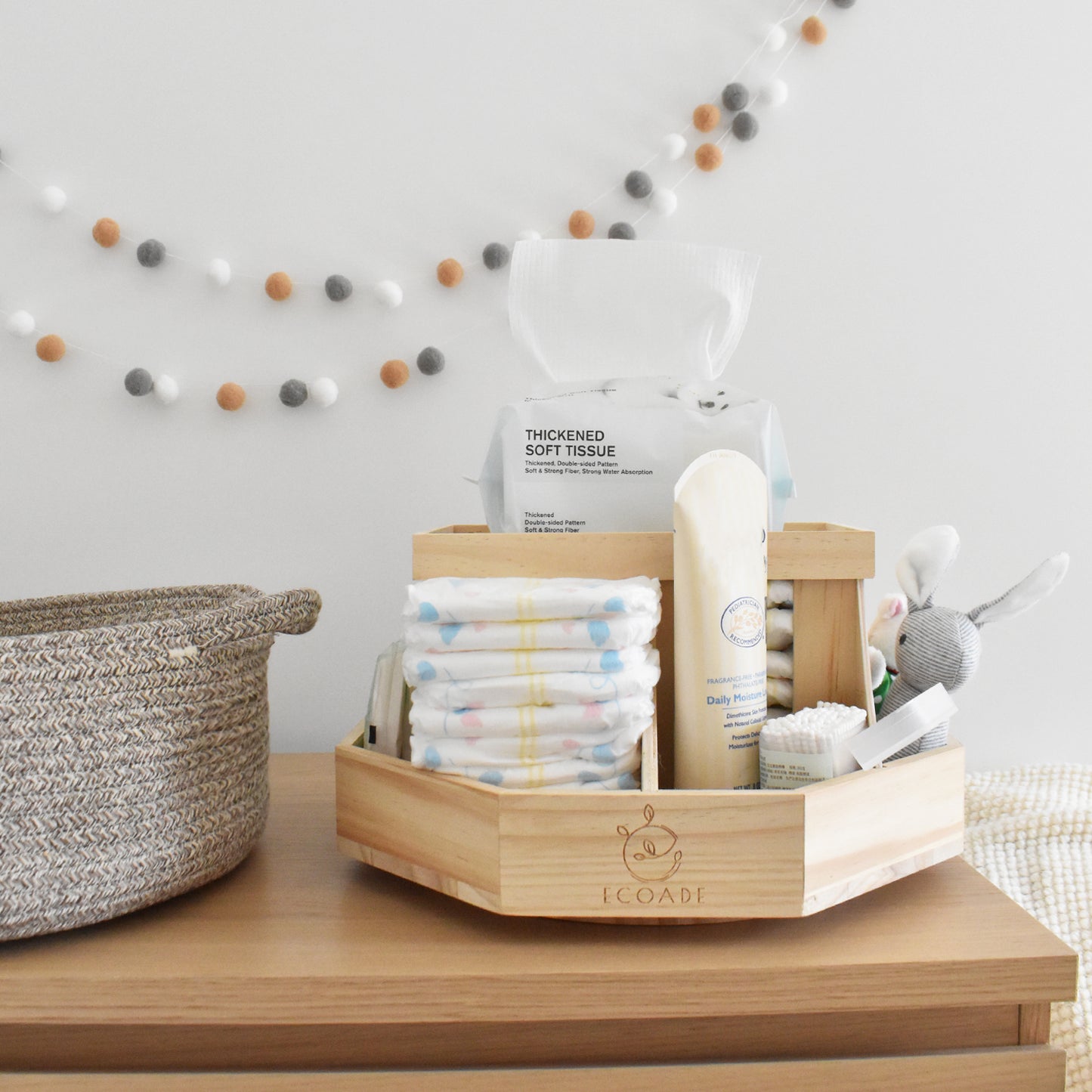 Wooden Diaper Caddy Organizer - 360 Degrees Rotating Caddy with Removable Dividers, Nursery Diaper Organizer