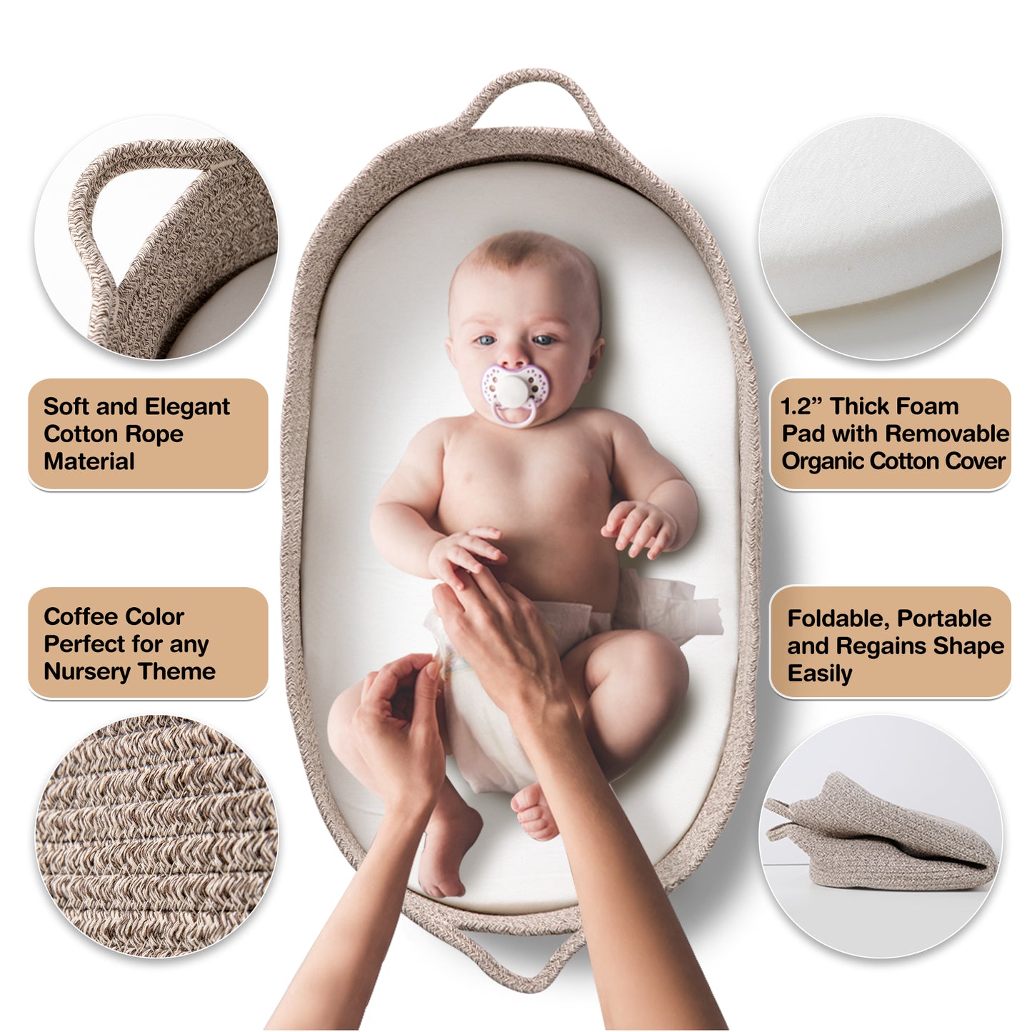 Baby Changing Basket in Coffee Color - Changing Table Topper and Thick Foam Pad with Removable Cotton Mattress Cover, 100% Cotton