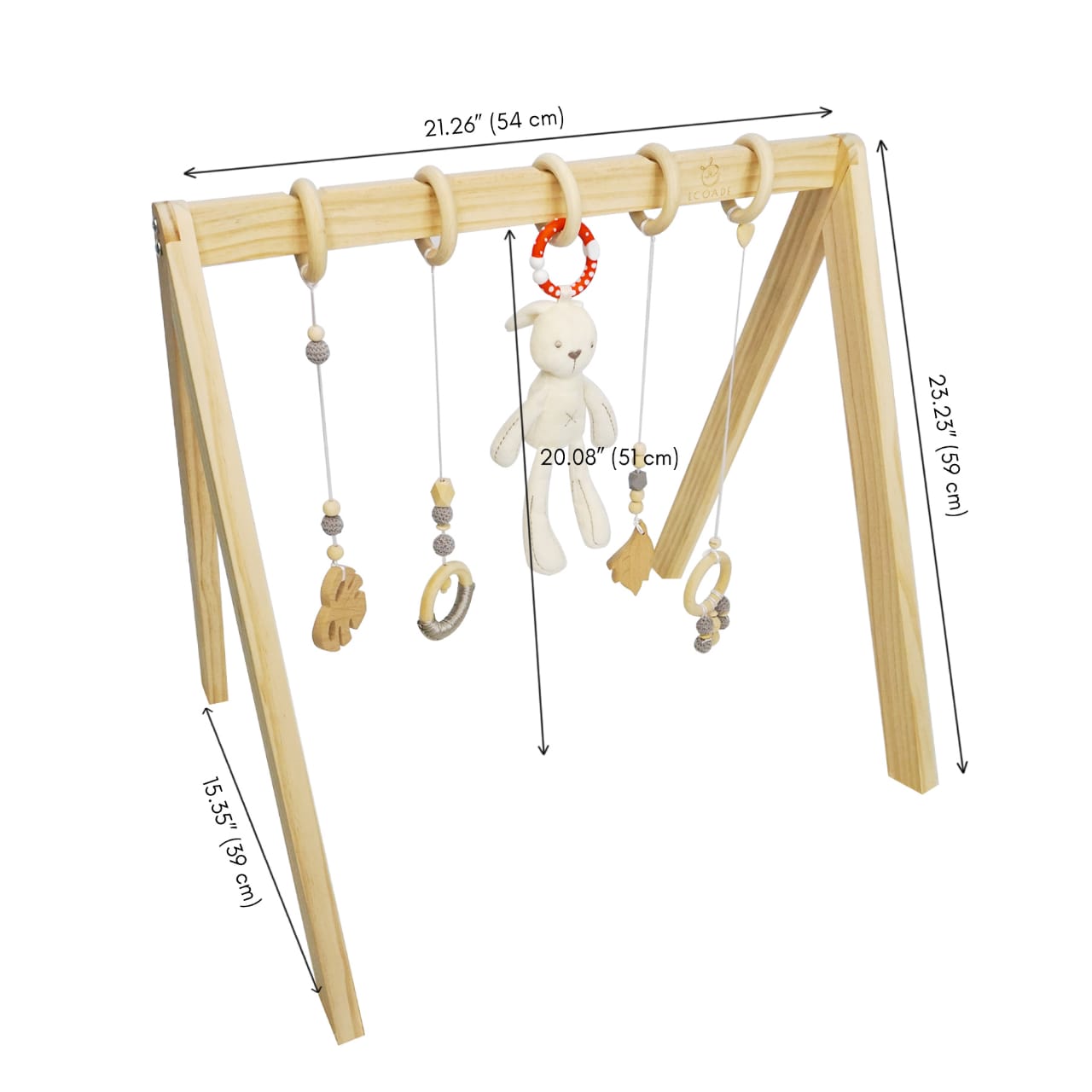 Wooden Play Gym - Activity Gym for Baby with 4 Hanging Wooden Baby Toys and 1 Bunny Rattle, Gender Neutral Boho Nursery Decor