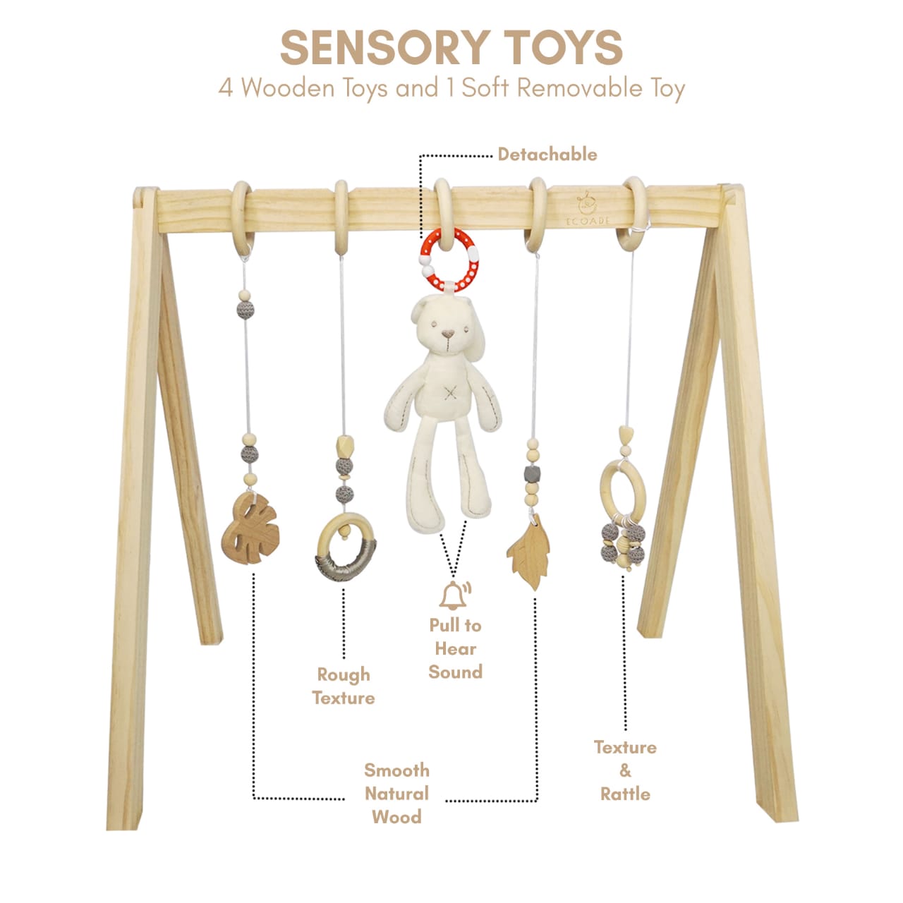 Wooden Play Gym - Activity Gym for Baby with 4 Hanging Wooden Baby Toys and 1 Bunny Rattle, Gender Neutral Boho Nursery Decor