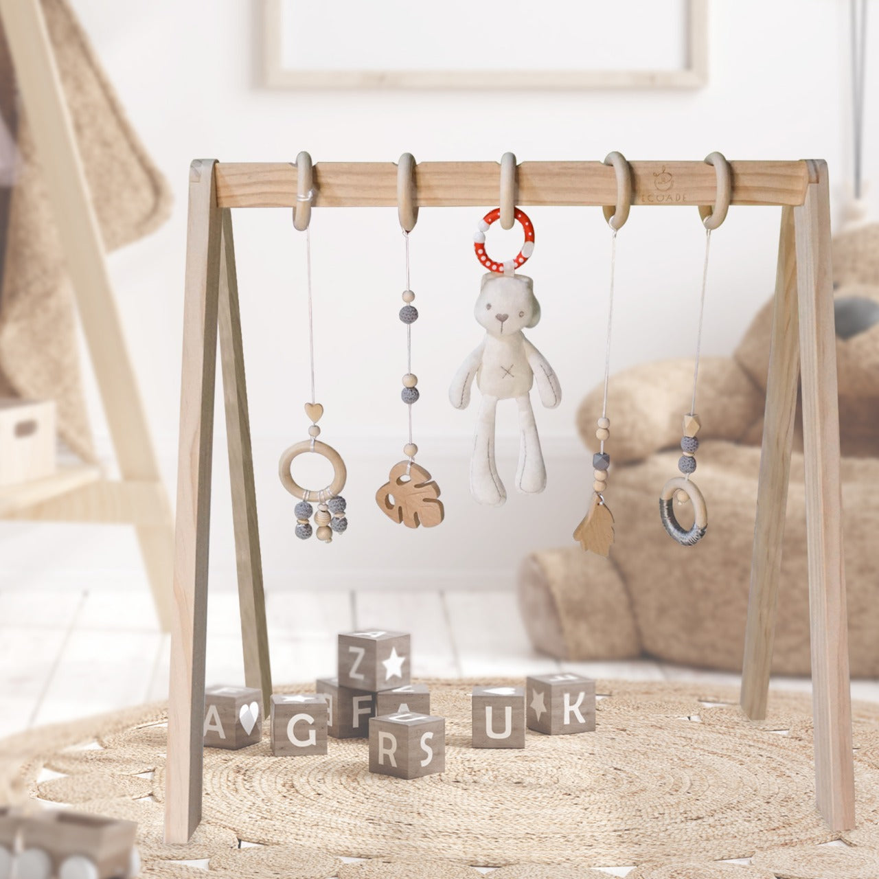 Wooden Play Gym - Activity Gym for Baby with 4 Hanging Wooden Baby Toys and 1 Bunny Rattle, Gender Neutral Boho Nursery Decor