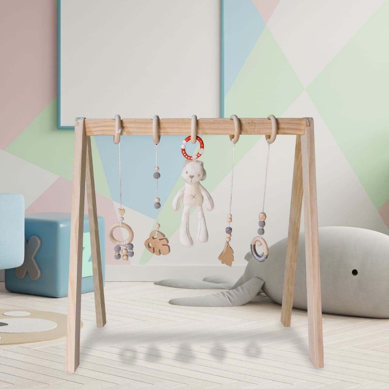 Wooden Play Gym - Activity Gym for Baby with 4 Hanging Wooden Baby Toys and 1 Bunny Rattle, Gender Neutral Boho Nursery Decor