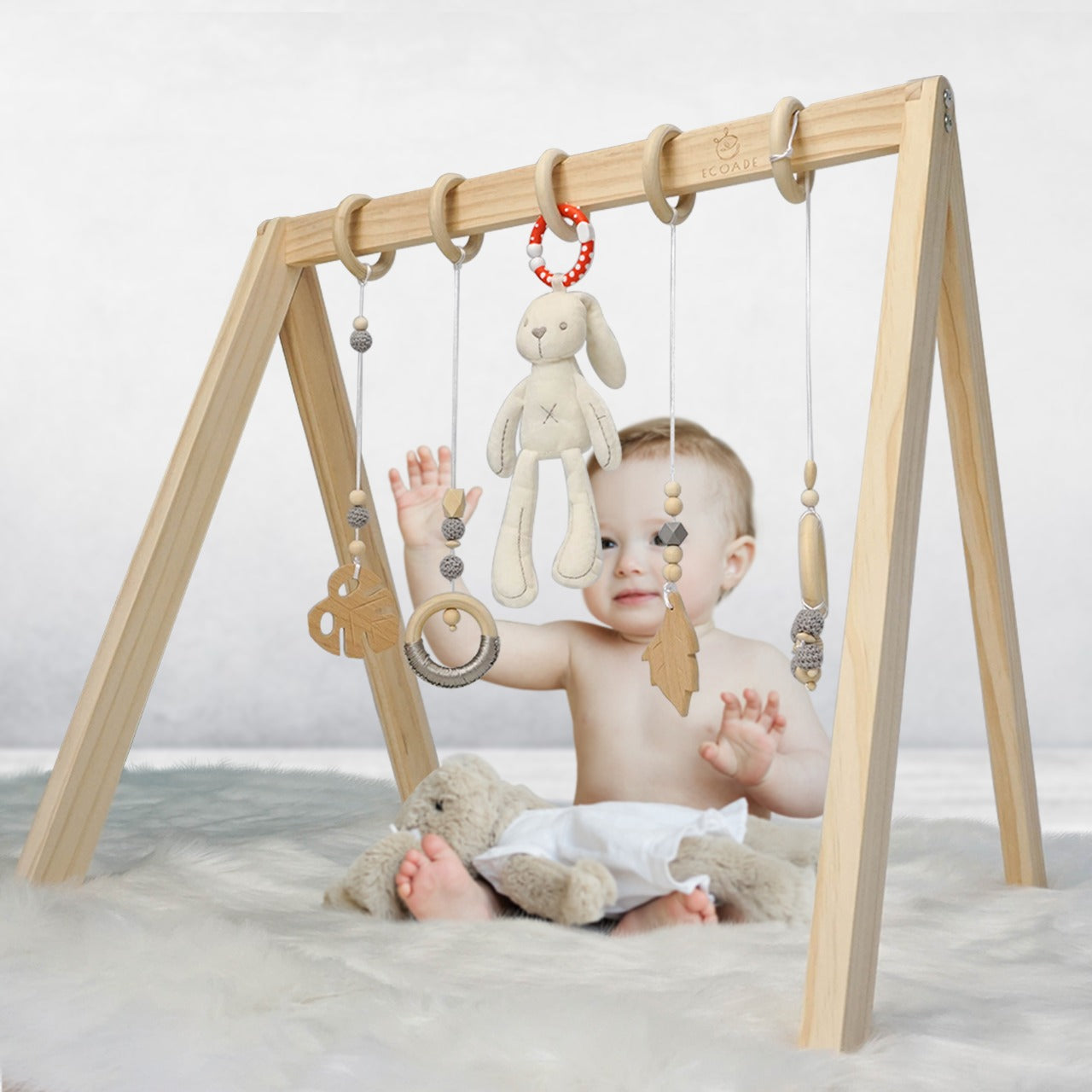 Wooden Play Gym - Activity Gym for Baby with 4 Hanging Wooden Baby Toys and 1 Bunny Rattle, Gender Neutral Boho Nursery Decor