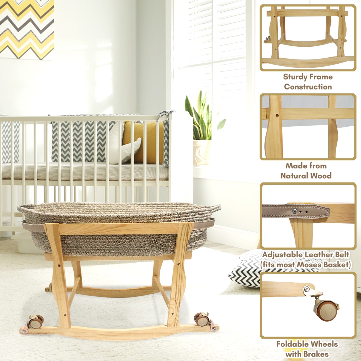 Moses Basket Stand, Baby Moses Basket Rocking Stand - Natural Wood