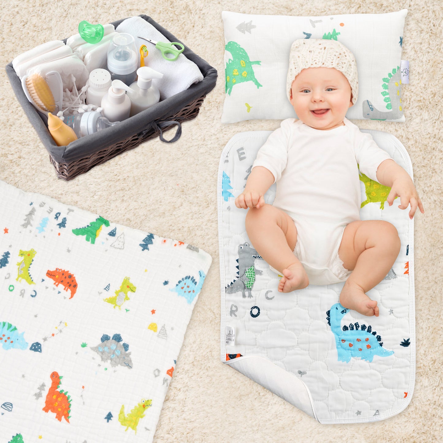 Baby Newborn Essentials 3pcs Baby Gift Set-Thick Muslin Blanket, Pillow and Waterproof Portable Changing Mat in Dinosaur Print