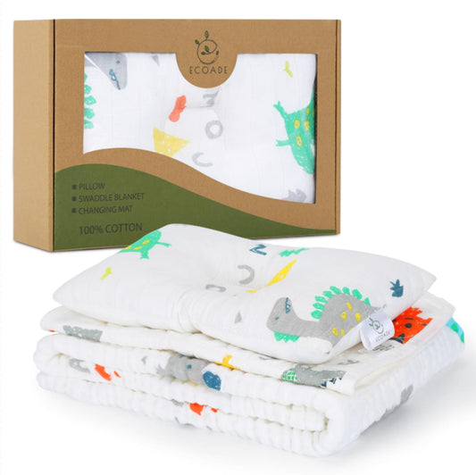 Baby Newborn Essentials 3pcs Baby Gift Set-Thick Muslin Blanket, Pillow and Waterproof Portable Changing Mat in Dinosaur Print