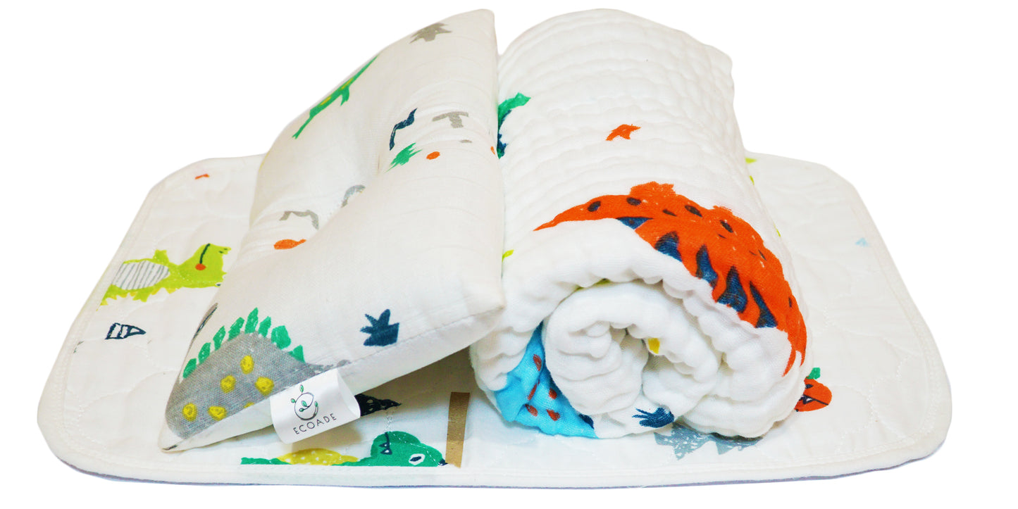 Baby Newborn Essentials 3pcs Baby Gift Set-Thick Muslin Blanket, Pillow and Waterproof Portable Changing Mat in Dinosaur Print