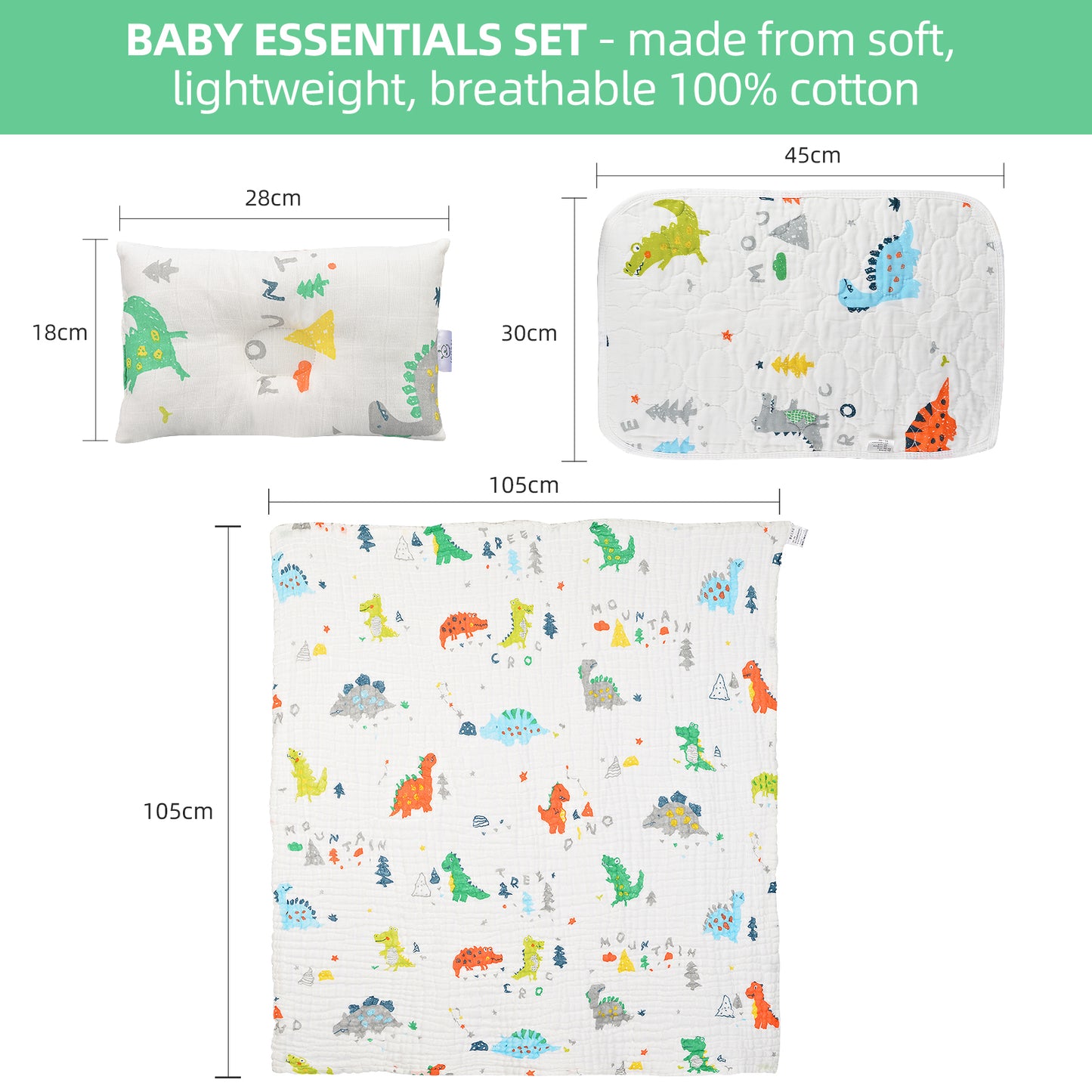 Baby Newborn Essentials 3pcs Baby Gift Set-Thick Muslin Blanket, Pillow and Waterproof Portable Changing Mat in Dinosaur Print