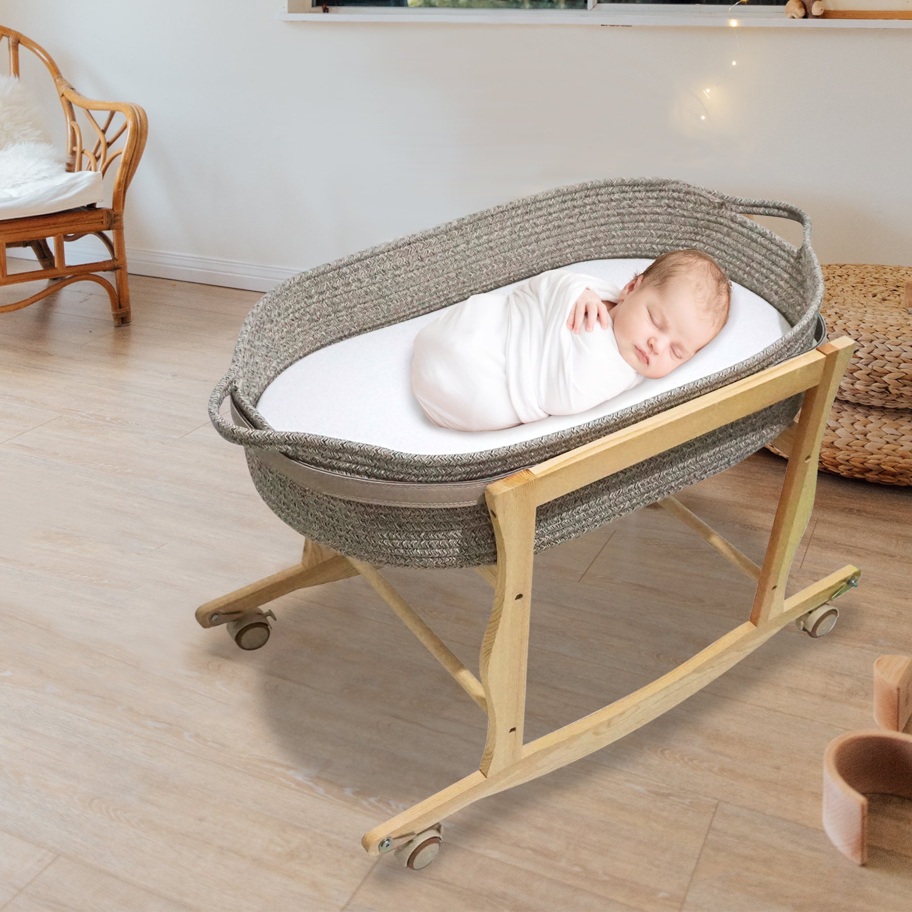 Moses Basket Stand, Baby Moses Basket Rocking Stand Natural Wood