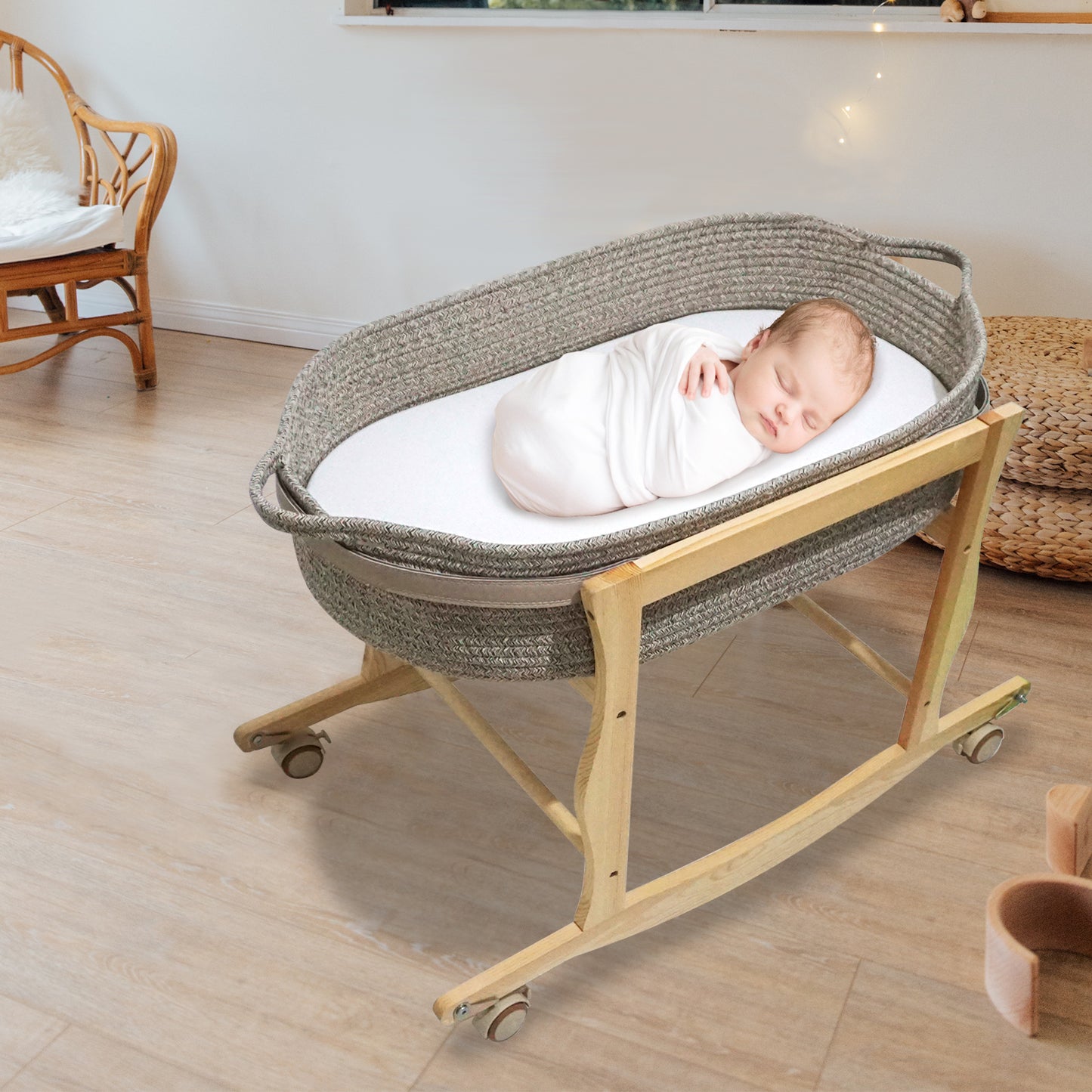 Moses Basket Stand, Baby Moses Basket Rocking Stand - Natural Wood