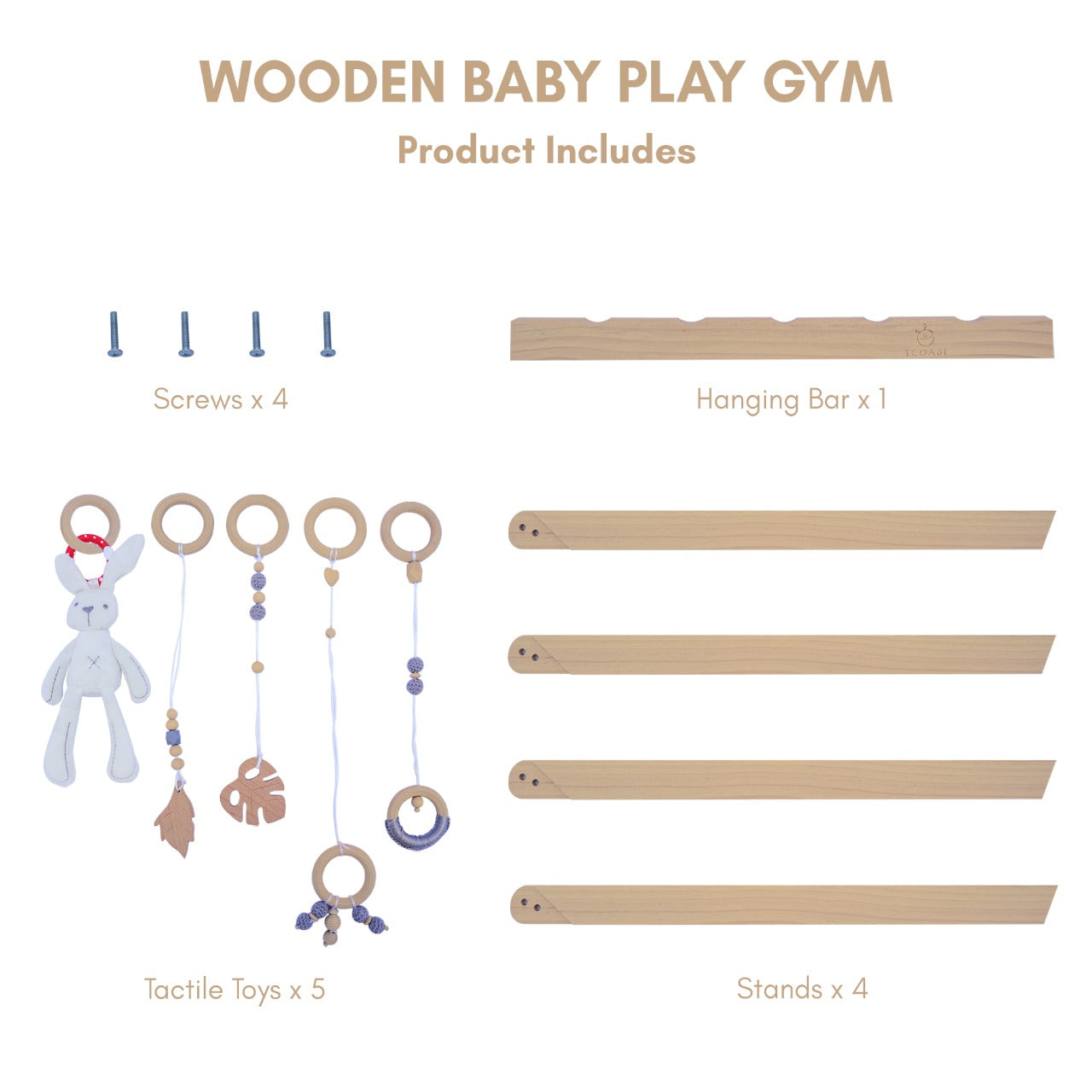 Wooden Play Gym - Activity Gym for Baby with 4 Hanging Wooden Baby Toys and 1 Bunny Rattle, Gender Neutral Boho Nursery Decor