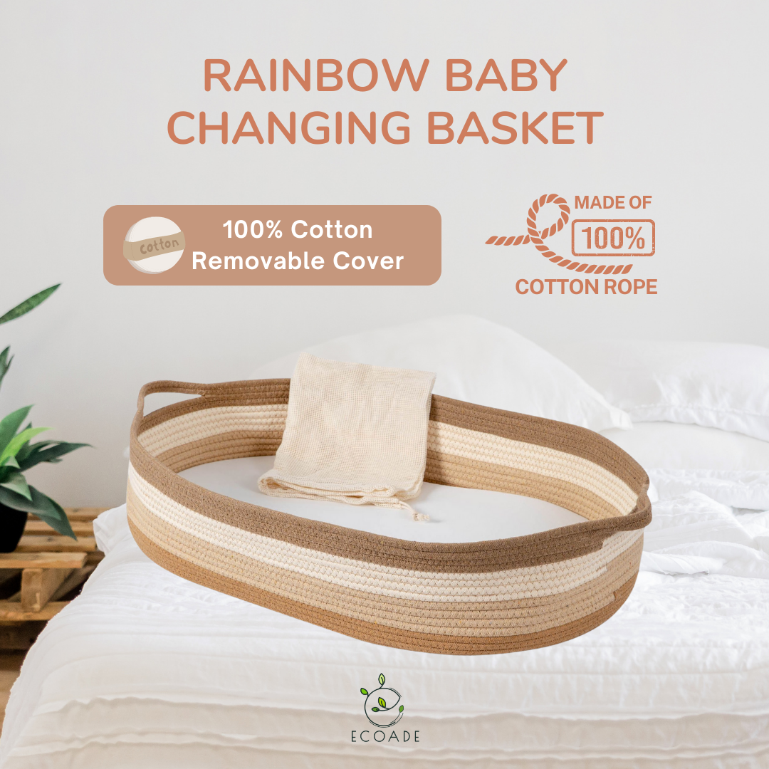 Baby Changing Basket - Moses Basket Changing Table Topper and Thick Foam Pad with Removable Cotton Mattress Cover, 100% Cotton Boho Nursery Decor in Rainbow Color with Storage Bag