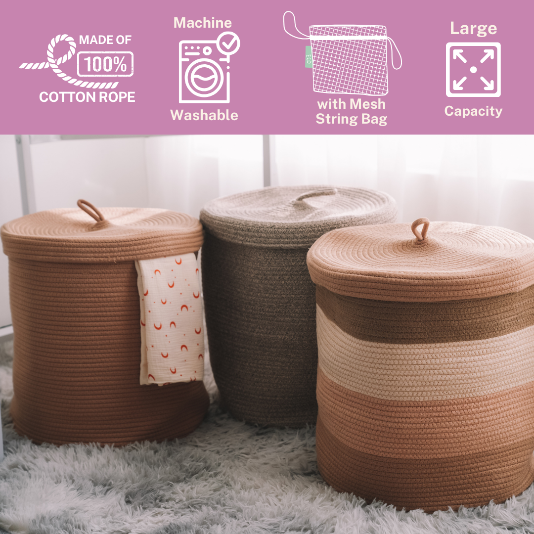 ECOADE Cotton Rope Laundry Basket - Extra Large Capacity Hamper with Mesh Drawstring Laundry Bag