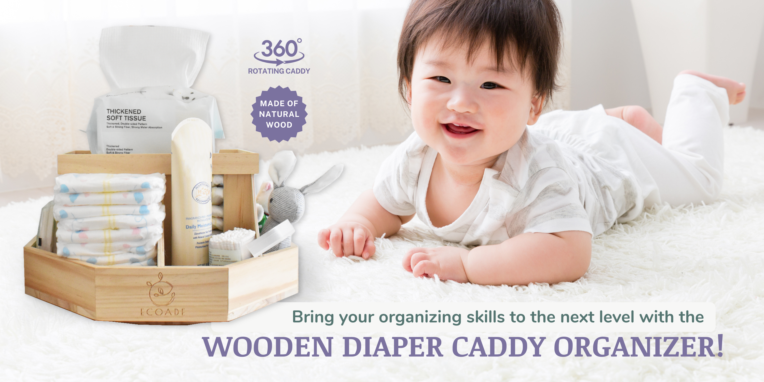 Load video: How to Assemble - Wooden Diaper Caddy Organizer - 360 Degrees Rotating Caddy with Removable Dividers, Nursery Diaper Organizer
