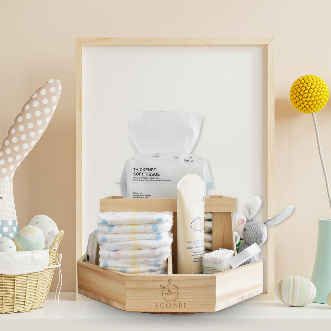 Wooden Diaper Caddy Organizer - 360 Degrees Rotating Caddy with Removable Dividers
