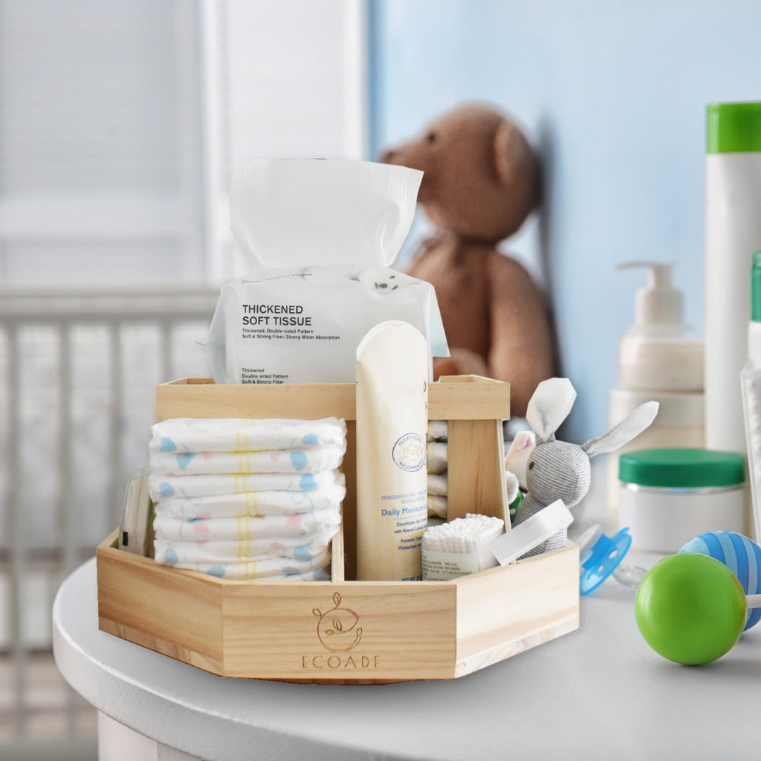 Wooden Diaper Caddy Organizer - 360 Degrees Rotating Caddy with Removable Dividers