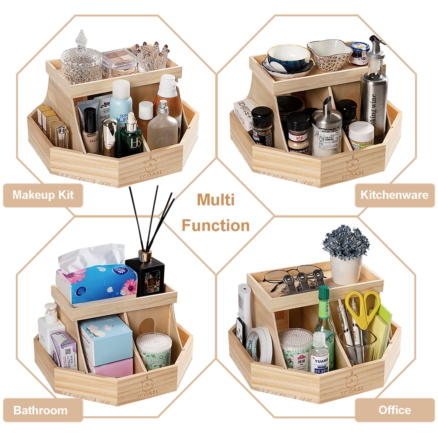 ECOADE Wooden Diaper Caddy Organizer - 360 Degrees Rotating Caddy with Removable Dividers, Nursery Diaper Organizer