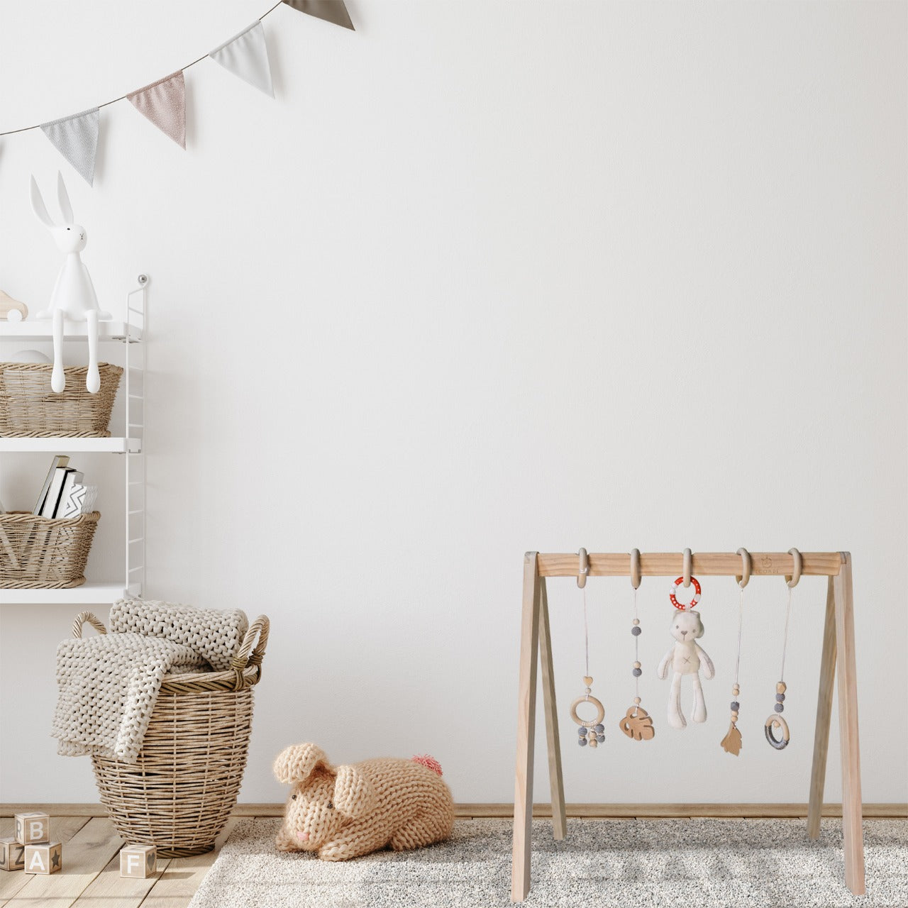 Wooden Play Gym - Activity Gym for Baby with 4 Hanging Wooden Baby Toys and 1 Bunny Rattle, Gender Neutral Boho Nursery Decor